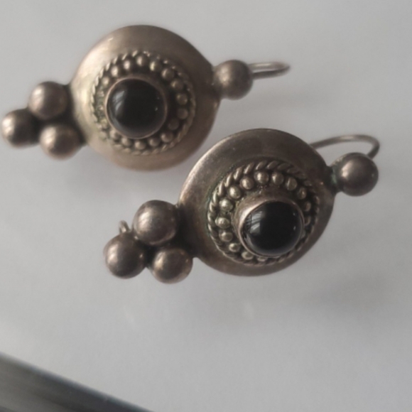 925 Earrings Black Round Onyx drop antique style - Picture 4 of 4